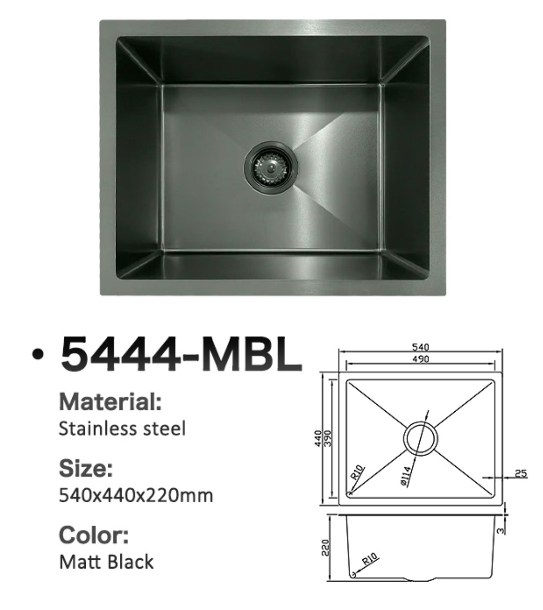 Matt black stainless steel single bowl kitchen sink 5444-MBL, dimensions 540x440x220mm.