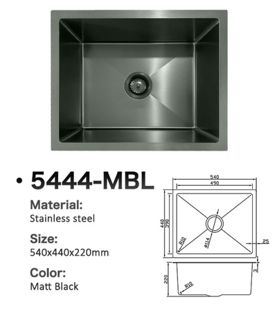 Matt black stainless steel single bowl kitchen sink 5444-MBL, dimensions 540x440x220mm.