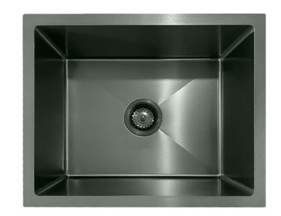 Modern gunmetal black single bowl stainless steel kitchen sink with brushed finish and central drain.