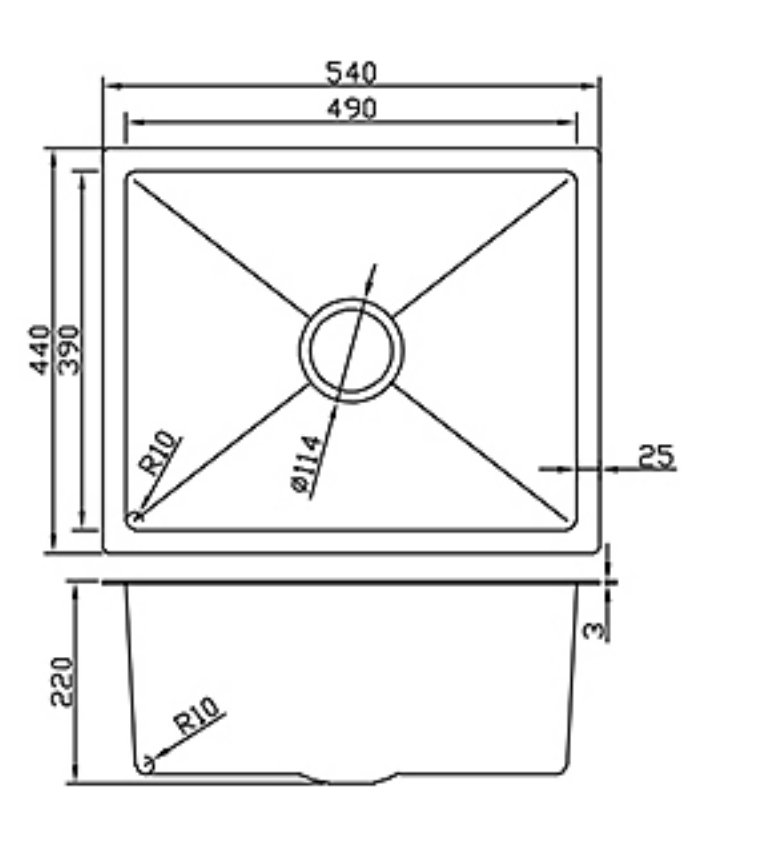 Technical drawing of a 540x440mm single bowl kitchen sink showing dimensions, R10 corner radius, and 220mm depth.