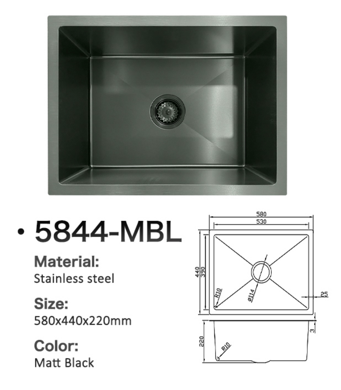 Matt Black 5844-MBL stainless steel single bowl kitchen sink (580x440x220mm) with technical dimensions.