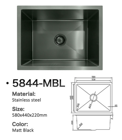 Matt Black 5844-MBL stainless steel single bowl kitchen sink (580x440x220mm) with technical dimensions.