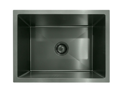Gunmetal black stainless steel single bowl kitchen sink with modern rectangular design and center drain.