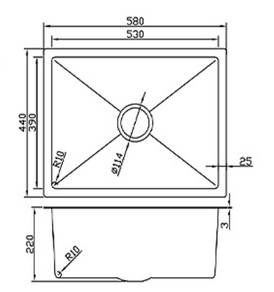 Black and white technical diagram showing dimensions for a 580x440mm single bowl kitchen sink with 220mm depth.
