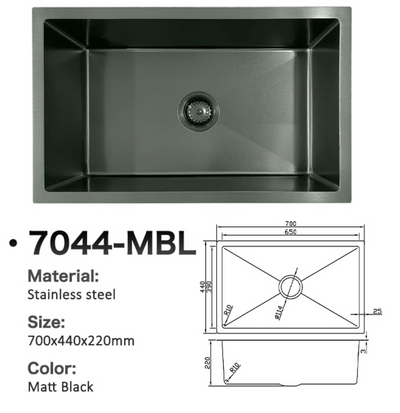 7044-MBL Matte Black Stainless Steel Single Bowl Kitchen Sink, 700x440x220mm with dimension diagram.