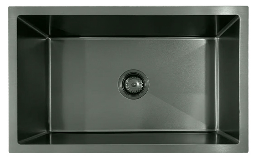 Modern gunmetal black single bowl undermount kitchen sink, rectangular stainless steel with center drain.