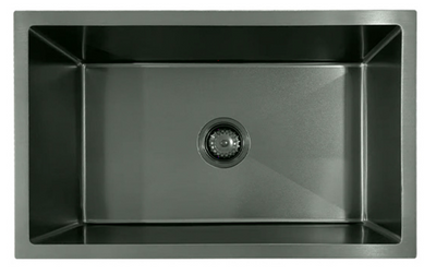 Modern gunmetal black single bowl undermount kitchen sink, rectangular stainless steel with center drain.