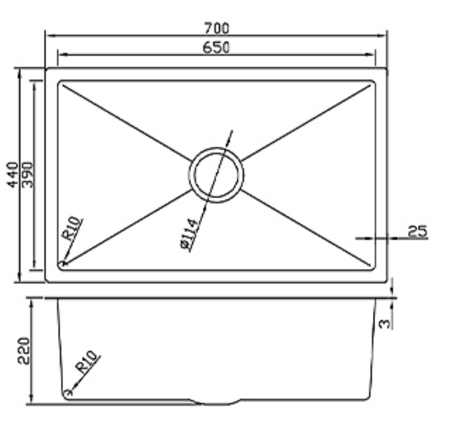 Technical drawing of a 700x440x220mm single bowl kitchen sink showing dimensions and drain specifications.