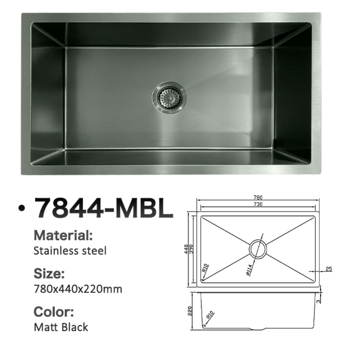 Matt black stainless steel single bowl kitchen sink 7844-MBL, 780x440x220mm with technical dimensions.