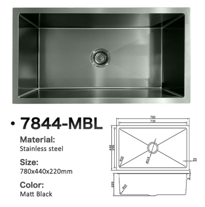Matt black stainless steel single bowl kitchen sink 7844-MBL, 780x440x220mm with technical dimensions.