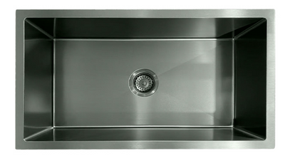 Modern rectangular single bowl stainless steel undermount kitchen sink with brushed finish and center drain.