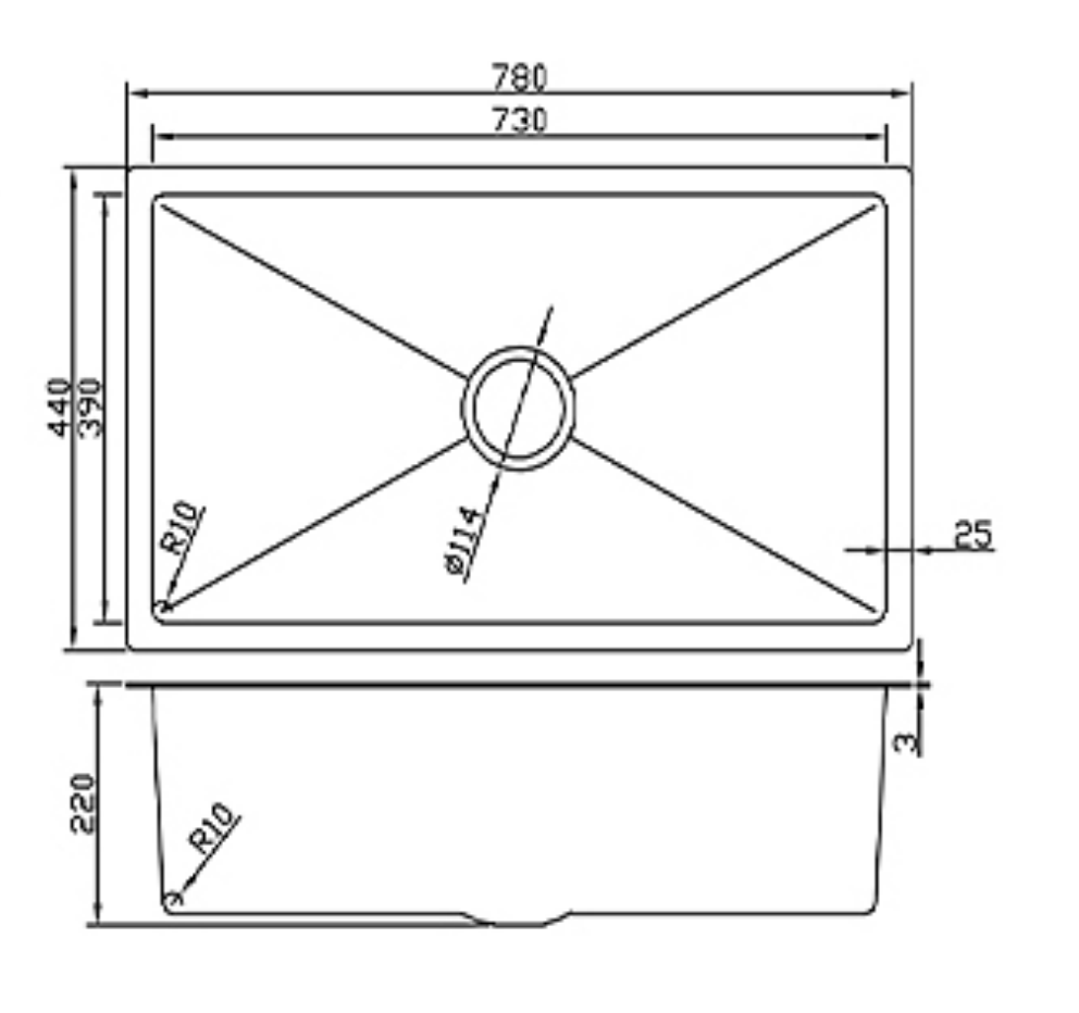 Technical diagram of a single bowl kitchen sink with dimensions 780x440x220mm, showing top and side views.