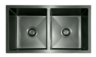 Modern black stainless steel double bowl kitchen sink with dual drain strainers and sleek undermount design.