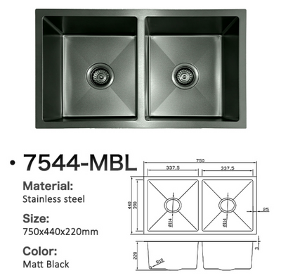 7544-MBL Matt Black Stainless Steel Double Bowl Kitchen Sink with 750x440x220mm technical specifications and diagram.