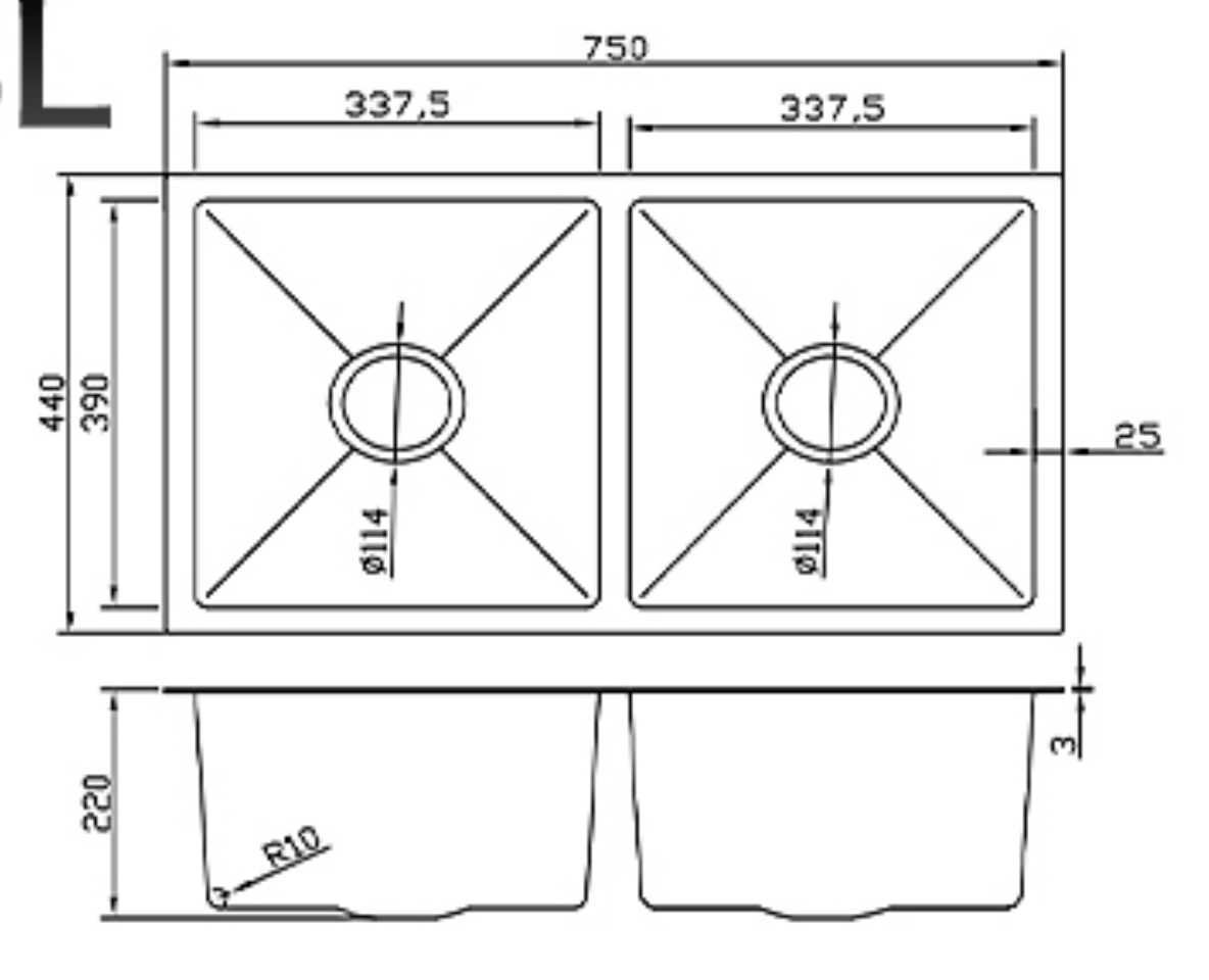 Technical drawing of a 750x440mm double bowl stainless steel kitchen sink with measurements and side profile views.
