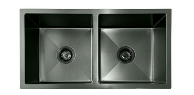Gunmetal black double bowl undermount stainless steel kitchen sink with drainage grooves.
