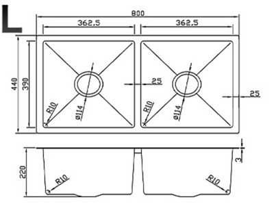 Technical drawing of a double bowl kitchen sink showing 800x440mm dimensions and 220mm depth.