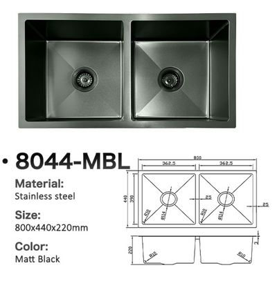 8044-MBL Matt black double bowl stainless steel kitchen sink with size dimensions and technical drawing.