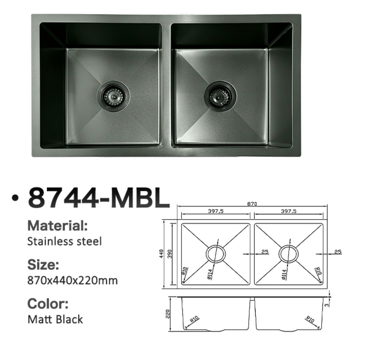 8744-MBL Stainless Steel Double Bowl Sink