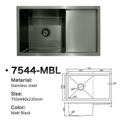 Matt black stainless steel single bowl kitchen sink with integrated drainer, 750x440x220mm, model 7544-MBL.