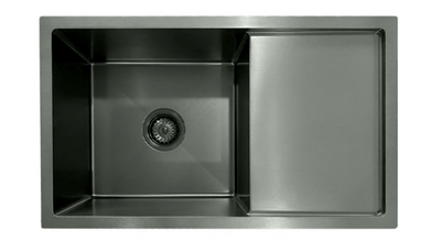 Gunmetal black stainless steel single bowl kitchen sink with integrated drainboard.
