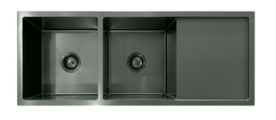Modern gunmetal grey double bowl kitchen sink with integrated drainboard and matte finish.