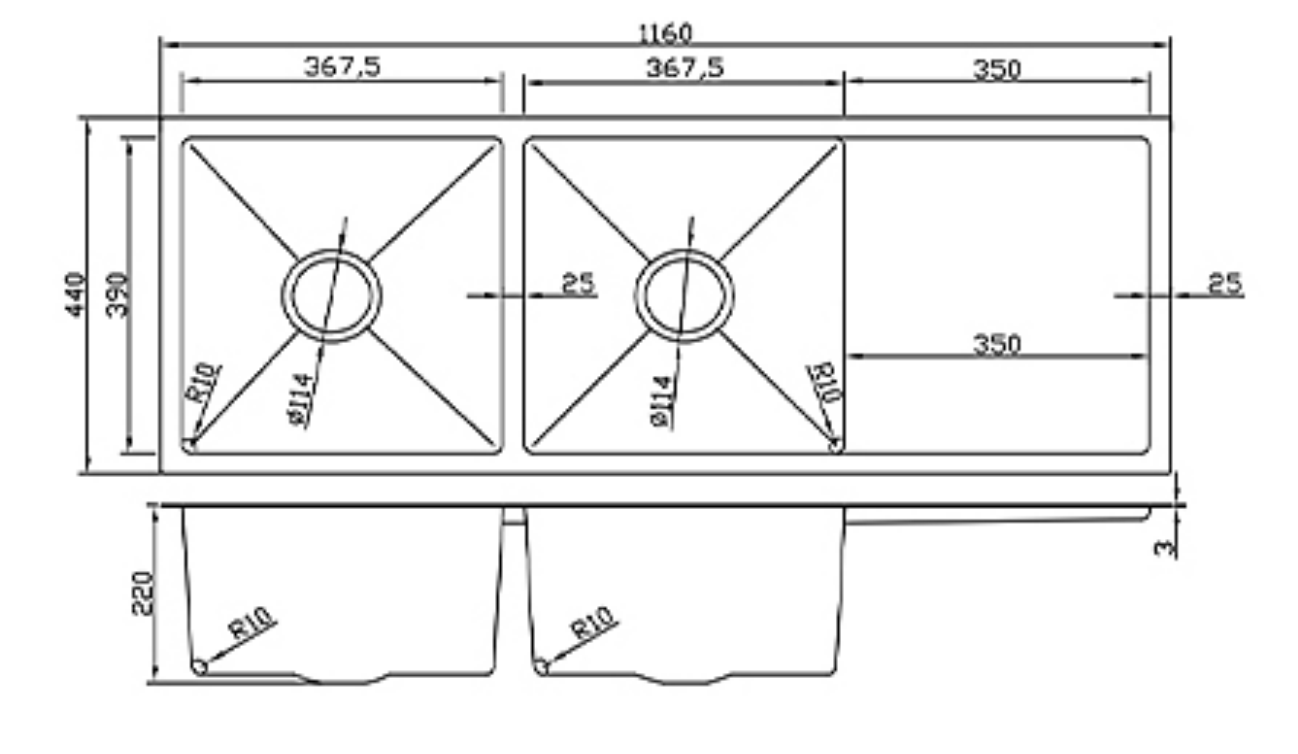 Technical drawing showing dimensions for a 1160x440mm double bowl kitchen sink with side drainer board.