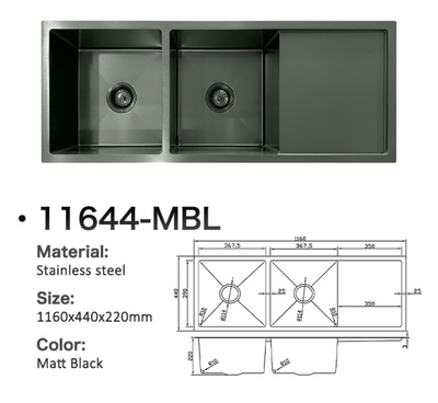 Matte black double bowl stainless steel kitchen sink with drainer and technical diagram, model 11644-MBL.