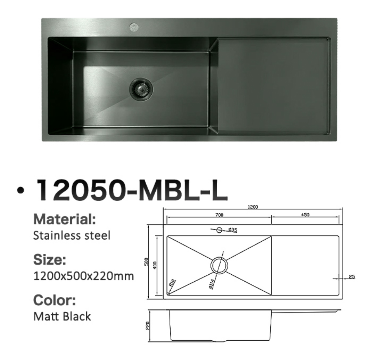 Matt black stainless steel kitchen sink with drainboard and technical dimensions diagram.