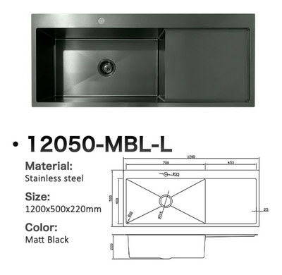 Matt black stainless steel kitchen sink with drainboard and technical dimensions diagram.