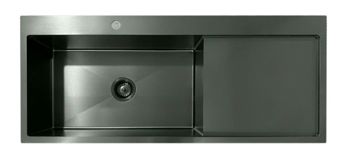 Gunmetal black stainless steel single bowl kitchen sink with integrated drainboard and sleek matte finish.