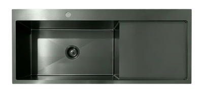 Gunmetal black stainless steel single bowl kitchen sink with integrated drainboard and sleek matte finish.