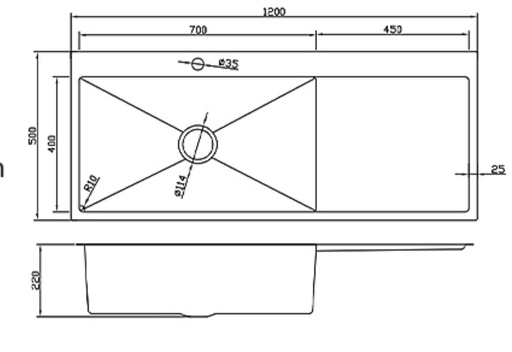 Technical drawing of 1200x500mm single bowl kitchen sink with drainboard and detailed dimensions.