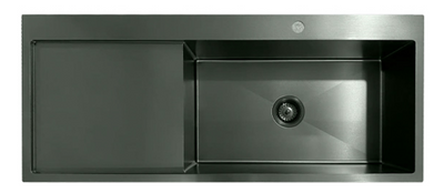 Modern gunmetal grey stainless steel single bowl kitchen sink with integrated side drainboard.