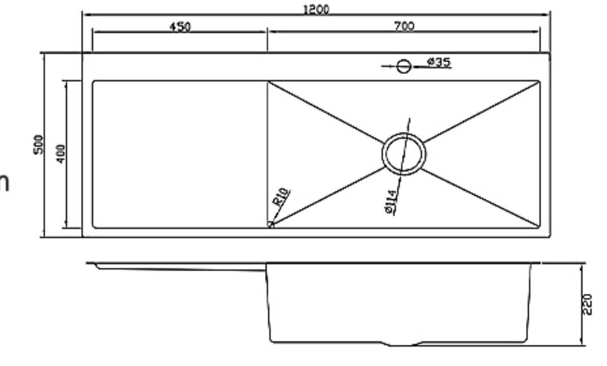 Black and white technical schematic showing dimensions for a 1200x500mm single bowl kitchen sink with side drainboard.