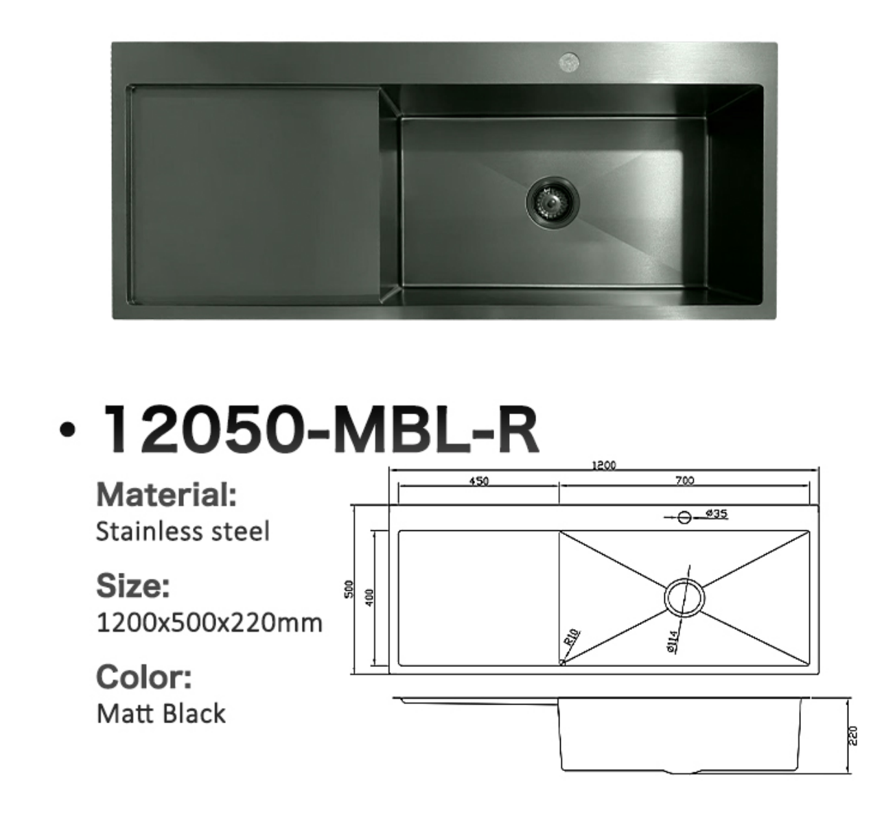 Matt Black single bowl kitchen sink with drainboard, stainless steel, 1200x500x220mm specifications.