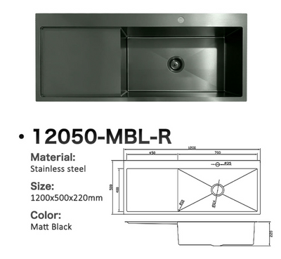 Matt Black single bowl kitchen sink with drainboard, stainless steel, 1200x500x220mm specifications.