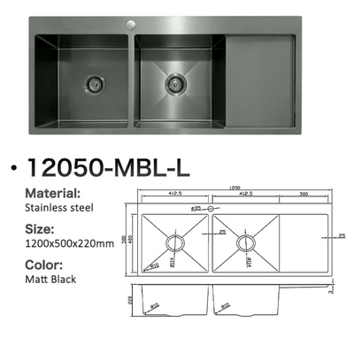 Matt black double bowl stainless steel kitchen sink with drainer, 1200x500mm, with technical dimensions.