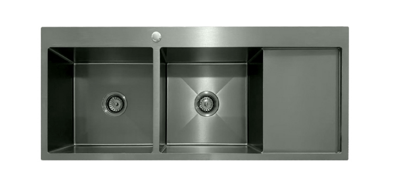 Modern brushed stainless steel double bowl kitchen sink with integrated drainboard.