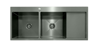 Modern brushed stainless steel double bowl kitchen sink with integrated drainboard.