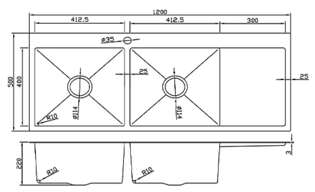 Technical drawing of a 1200mm double bowl kitchen sink with drainboard, showing dimensions and specifications.