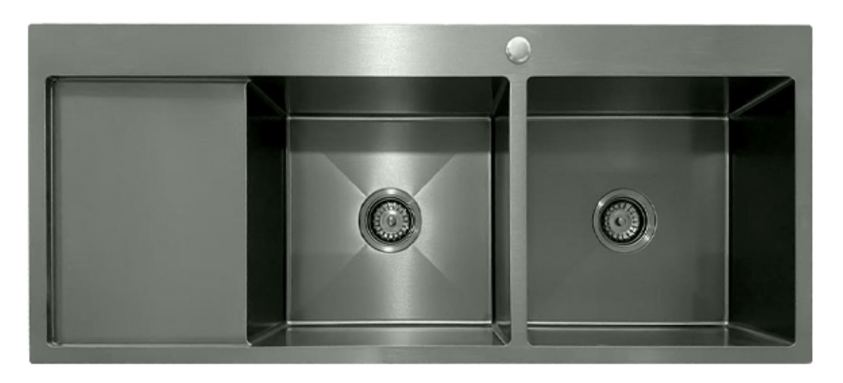 Modern gunmetal grey stainless steel double bowl kitchen sink with integrated drainboard.