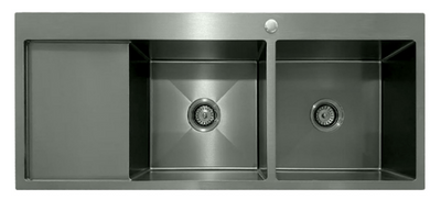 Modern gunmetal grey stainless steel double bowl kitchen sink with integrated drainboard.