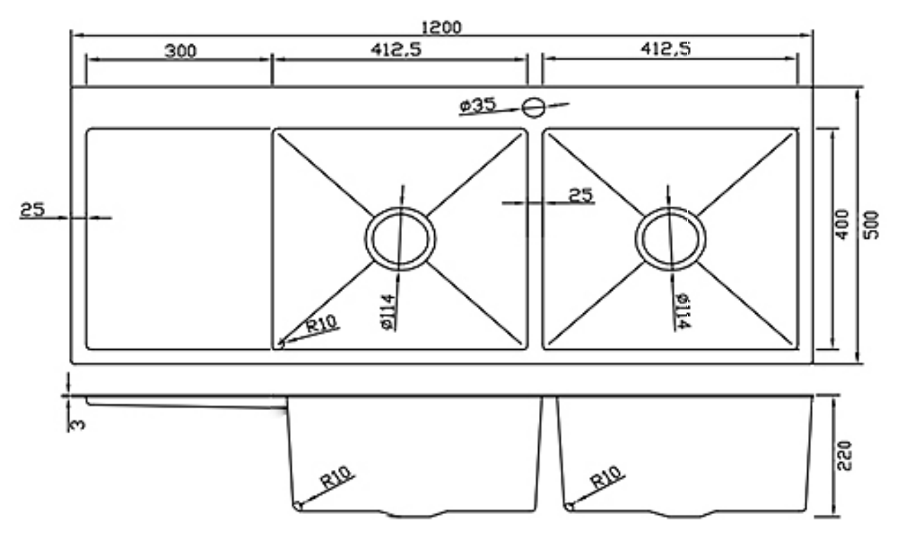 Technical drawing of a 1200mm double bowl stainless steel kitchen sink with drainboard and detailed dimensions.