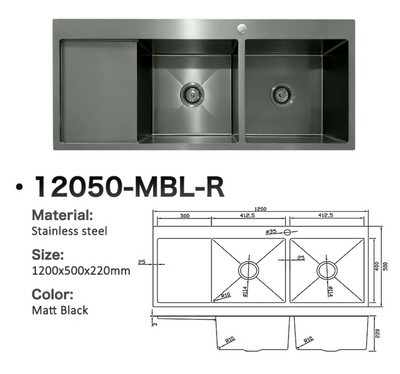 Matt black double bowl stainless steel kitchen sink with drainboard and technical dimension diagram.