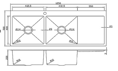 Technical drawing of a 1250mm double bowl kitchen sink with drainboard, showing specifications and dimensions.