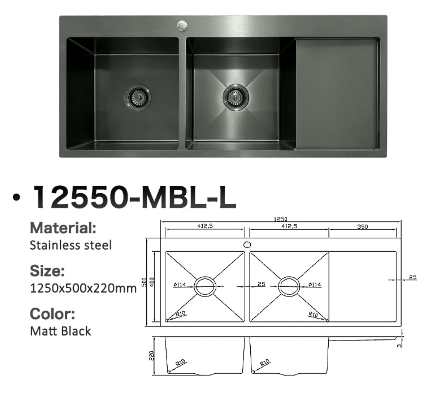 Matt black stainless steel double bowl kitchen sink with drainboard and technical dimensions.