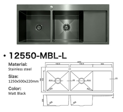 Matt black stainless steel double bowl kitchen sink with drainboard and technical dimensions.
