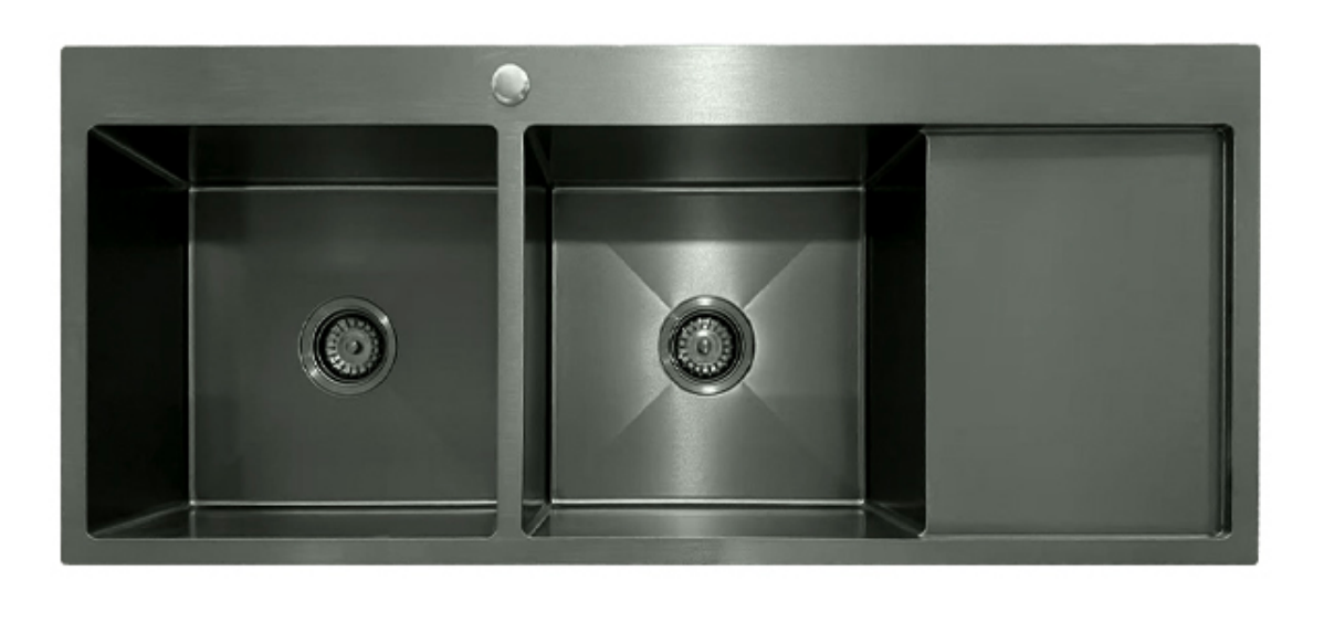 Modern gunmetal double bowl kitchen sink with integrated drainboard, brushed stainless steel finish.
