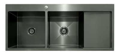 Modern gunmetal double bowl kitchen sink with integrated drainboard, brushed stainless steel finish.